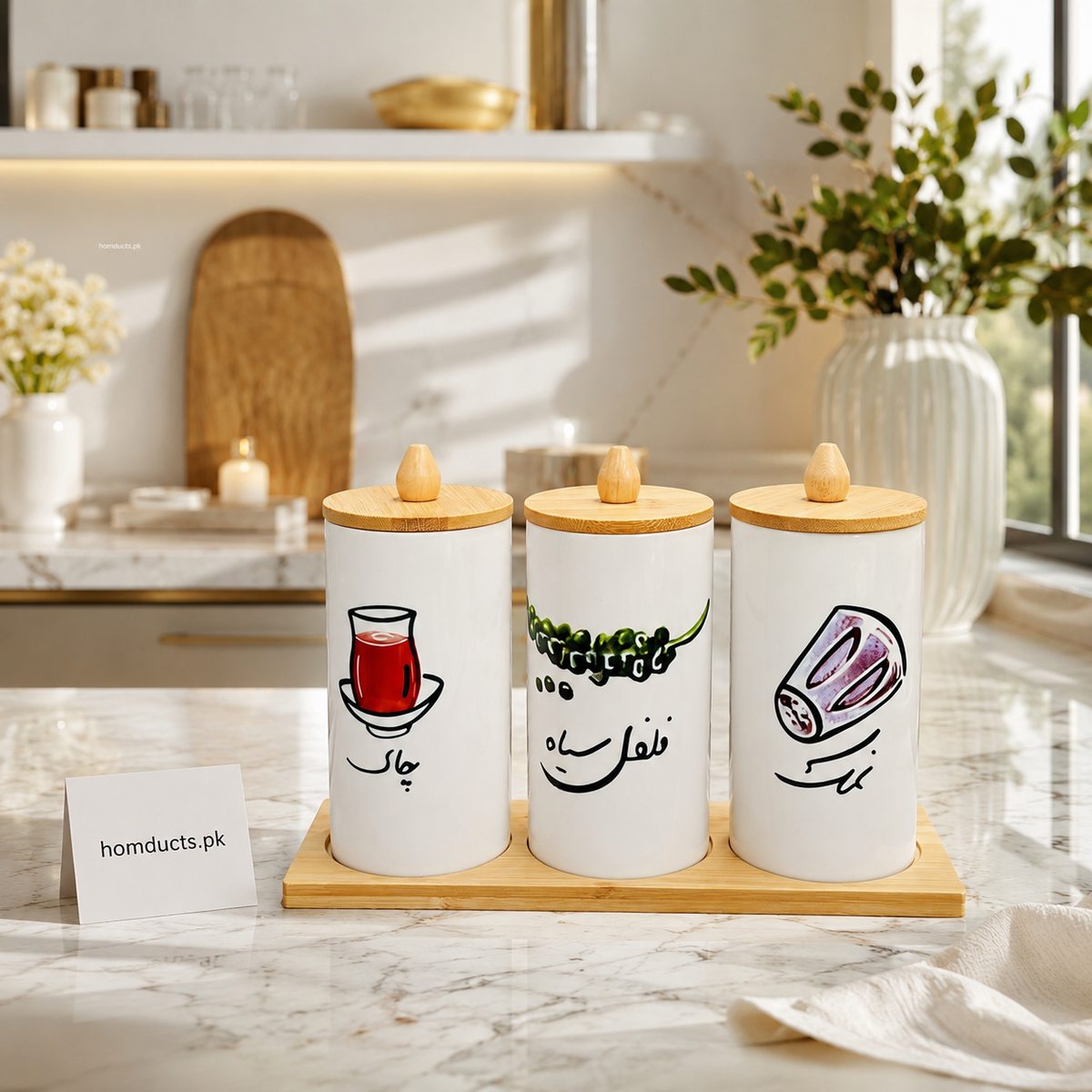 3-Piece Airtight Ceramic Kitchen Storage Jar Set with Bamboo Lids & Wooden Tray – Tea, Sugar & Salt Canisters