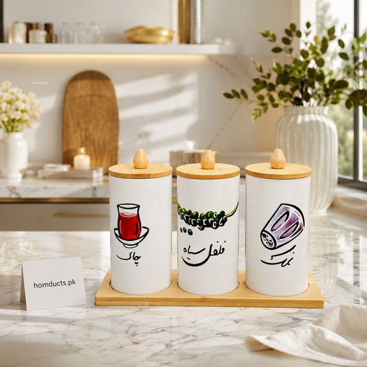3-Piece Airtight Ceramic Kitchen Storage Jar Set with Bamboo Lids & Wooden Tray – Tea, Sugar & Salt Canisters