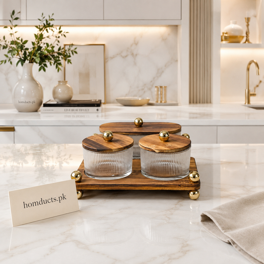 Luxury 3-Piece Glass Dry Fruit & Snack Serving Stand with Wooden Lids & Premium Wooden Tray
