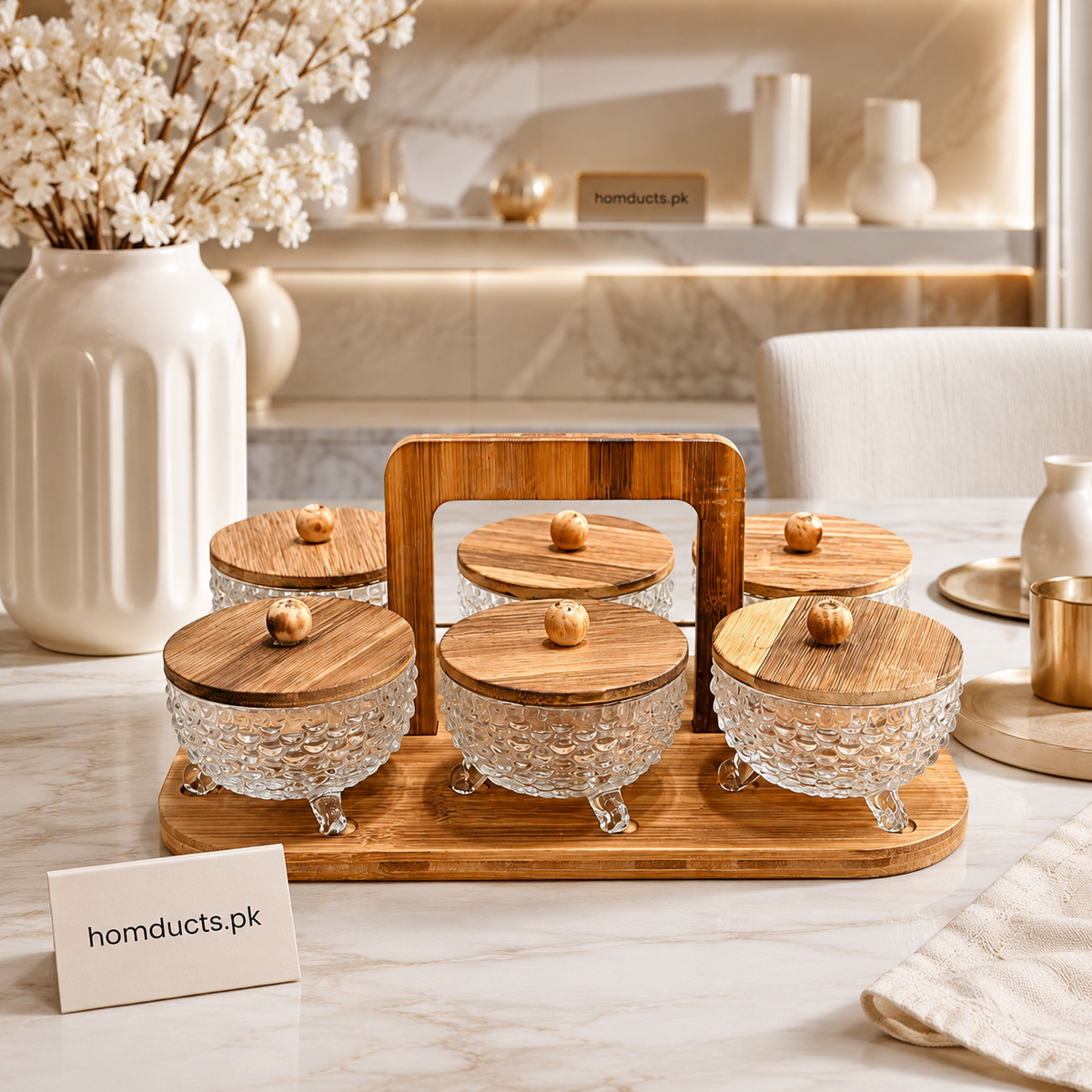 Luxury 6-Piece Glass Dry Fruit Serving Set with Wooden Stand & Airtight Wooden Lids
