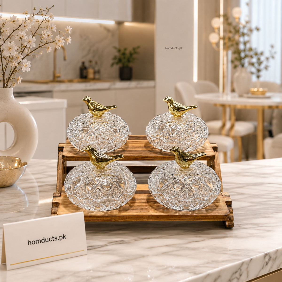 Luxury 2-Tier Crystal Dry Fruit Serving Stand Set with Gold Bird Lids – 4 Glass Bowls on Wooden Tray
