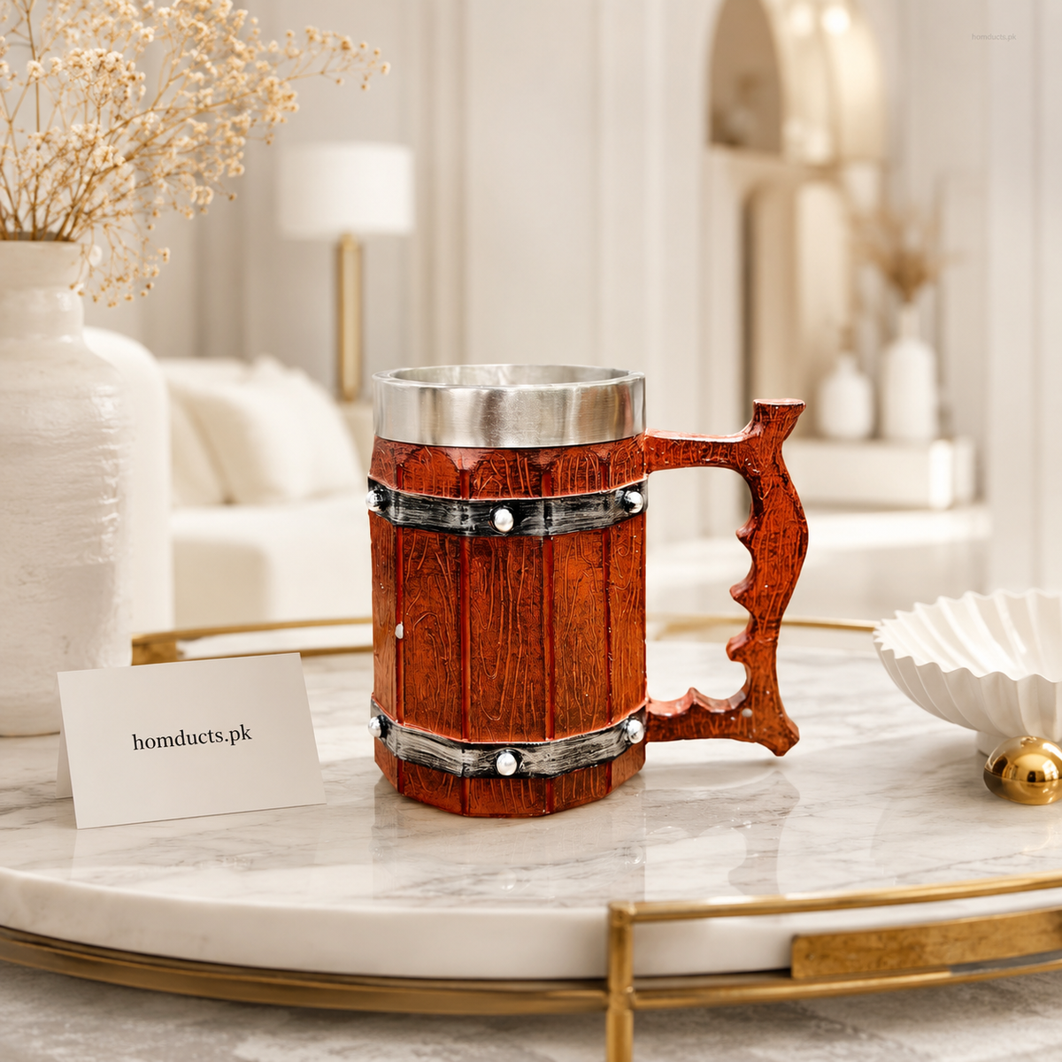 Premium Wooden Barrel Mug 500ml – Rustic Stainless Steel Insulated Coffee & Beverage Tankard
