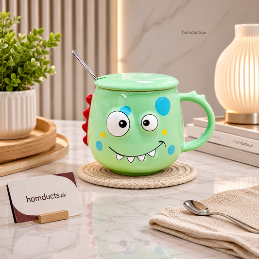 Cute Monster Ceramic Mug with Lid & Spoon – Cartoon Coffee & Tea Cup