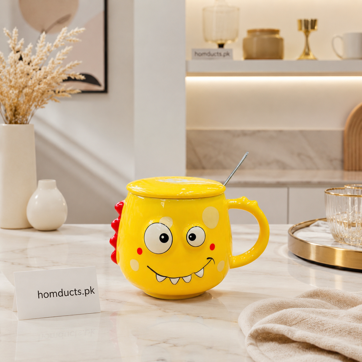 Cute Yellow Cartoon Dinosaur Ceramic Mug with Lid & Spoon | Coffee Mug with Cover