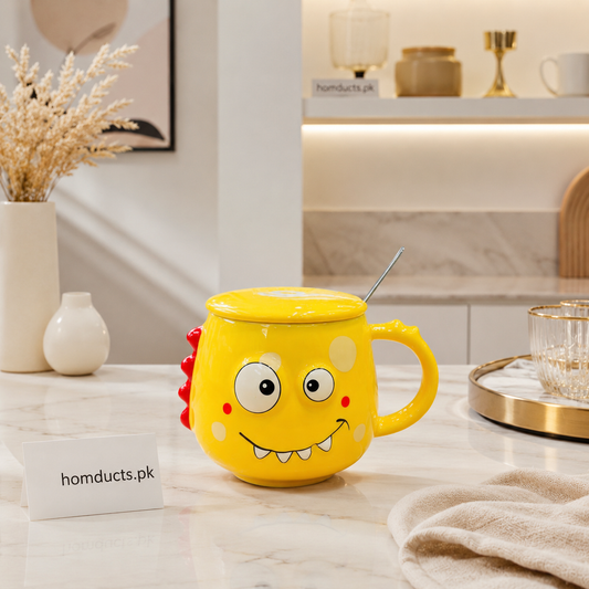 Cute Yellow Cartoon Dinosaur Ceramic Mug with Lid & Spoon | Coffee Mug with Cover
