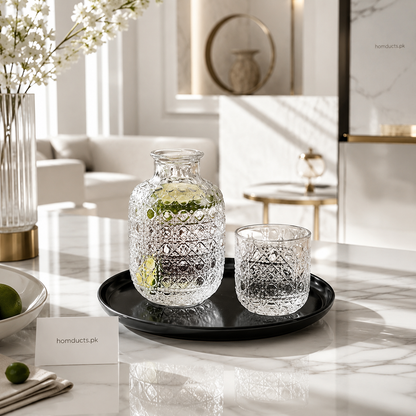 Danny Home 600ml Embossed Glass Water Bottle with Drinking Tumbler Lid – 1 Pc