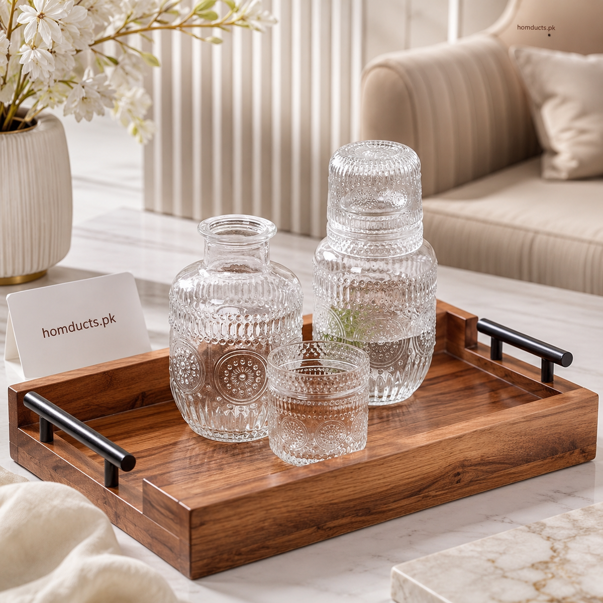 Danny Home 600ml Embossed Glass Water Bottle with Drinking Tumbler Lid – 1 Pc