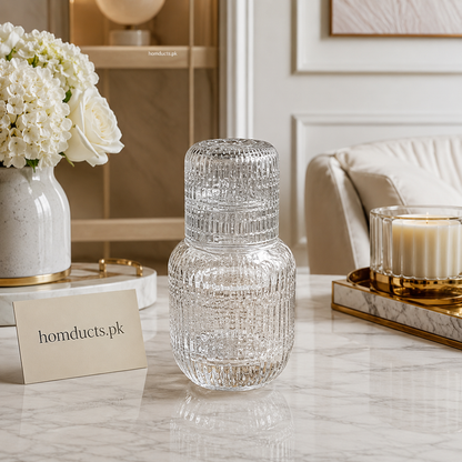 Danny Home 600ml Embossed Glass Water Bottle with Drinking Tumbler Lid – 1 Pc