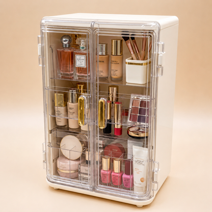 Luxury Acrylic Makeup Organizer Box with Drawers & Transparent Doors – Large Cosmetic Storage Cabinet for Skincare, Brushes & Beauty Essentials