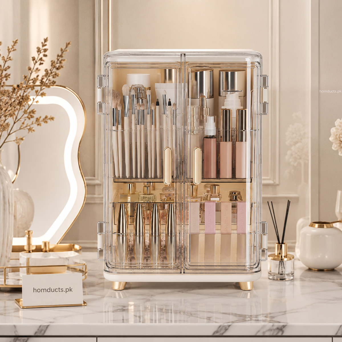 Luxury Acrylic Makeup Organizer Box with Drawers & Transparent Doors – Large Cosmetic Storage Cabinet for Skincare, Brushes & Beauty Essentials