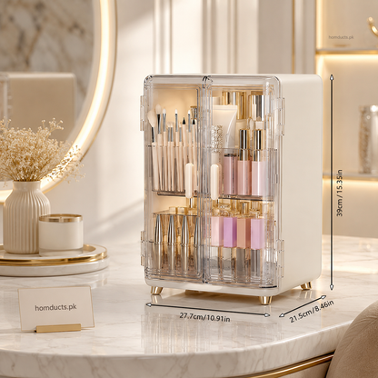 Luxury Acrylic Makeup Organizer Box with Drawers & Transparent Doors – Large Cosmetic Storage Cabinet for Skincare, Brushes & Beauty Essentials