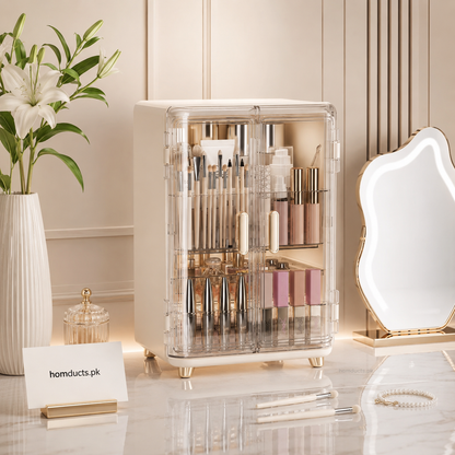 Luxury Acrylic Makeup Organizer Box with Drawers & Transparent Doors – Large Cosmetic Storage Cabinet for Skincare, Brushes & Beauty Essentials