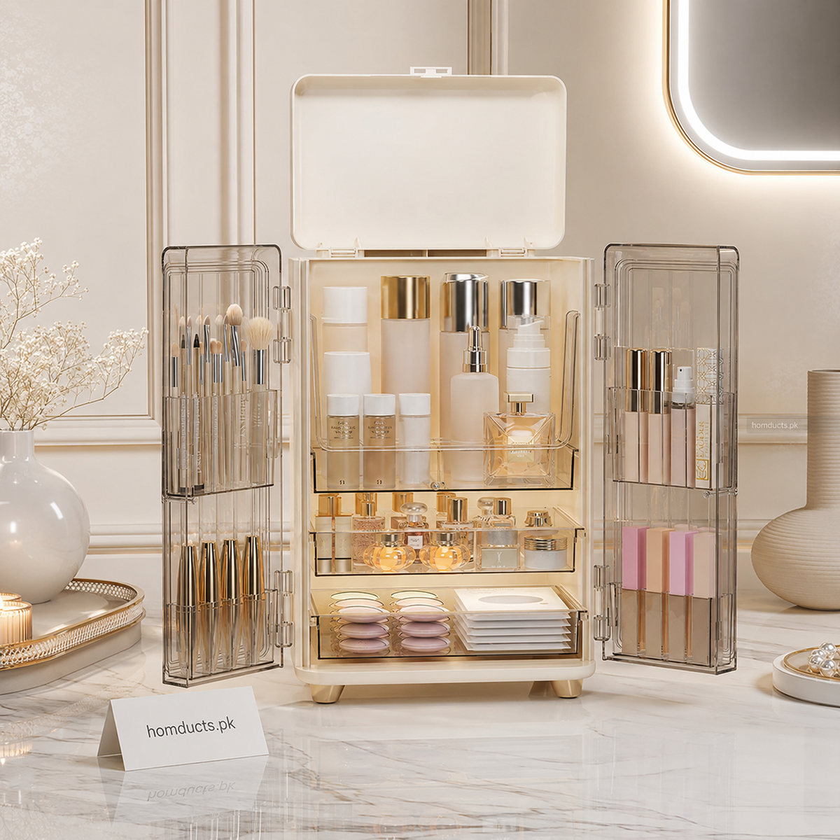 Luxury Acrylic Makeup Organizer Box with Drawers & Transparent Doors – Large Cosmetic Storage Cabinet for Skincare, Brushes & Beauty Essentials