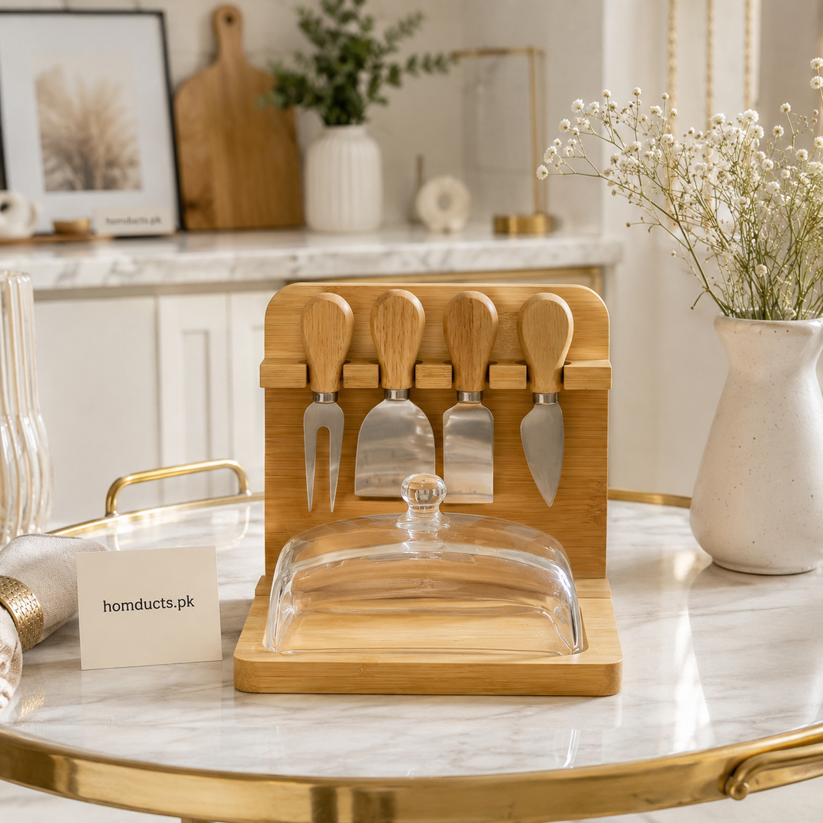 Luxury Bamboo Butter Dish with Glass Lid & 4 Stainless Steel Cheese Knives | Butter Keeper & Serving Set