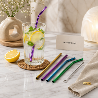 Premium Stainless Steel Reusable Straw Set – 4 Piece Metal Drinking Straws with Cleaning Brush | Eco-Friendly & Dishwasher Safe