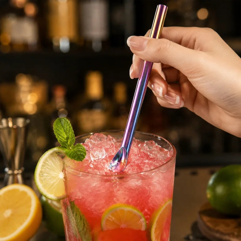 4PCS Stainless Steel Spoon Straw Set with Cleaning Brush – Reusable Rainbow Metal Drinking Straws