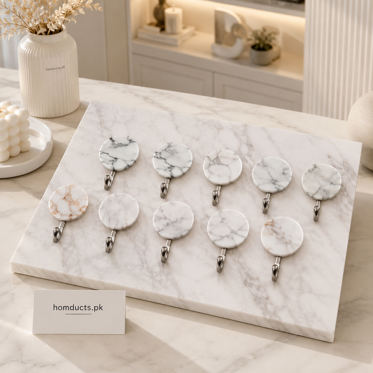 10-Piece Marble Design Self-Adhesive Wall Hooks | Heavy Duty Plastic Sticky Hooks for Bathroom, Kitchen & Home Organization