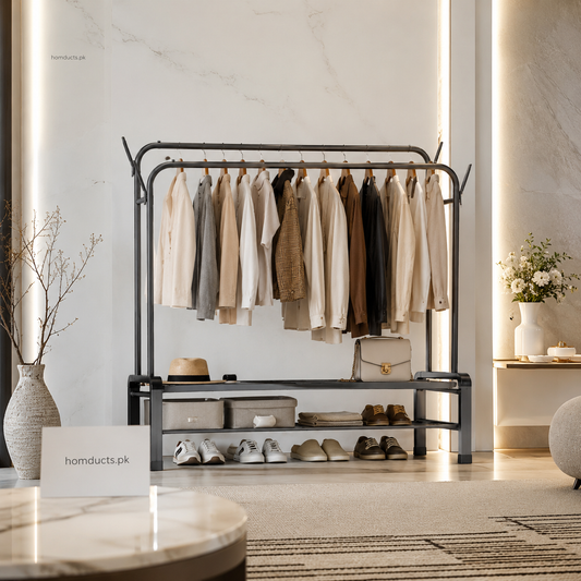 Heavy-Duty Double Rail Clothes Rack with Storage Shelves – 48KG Load Capacity | Freestanding Garment Organizer