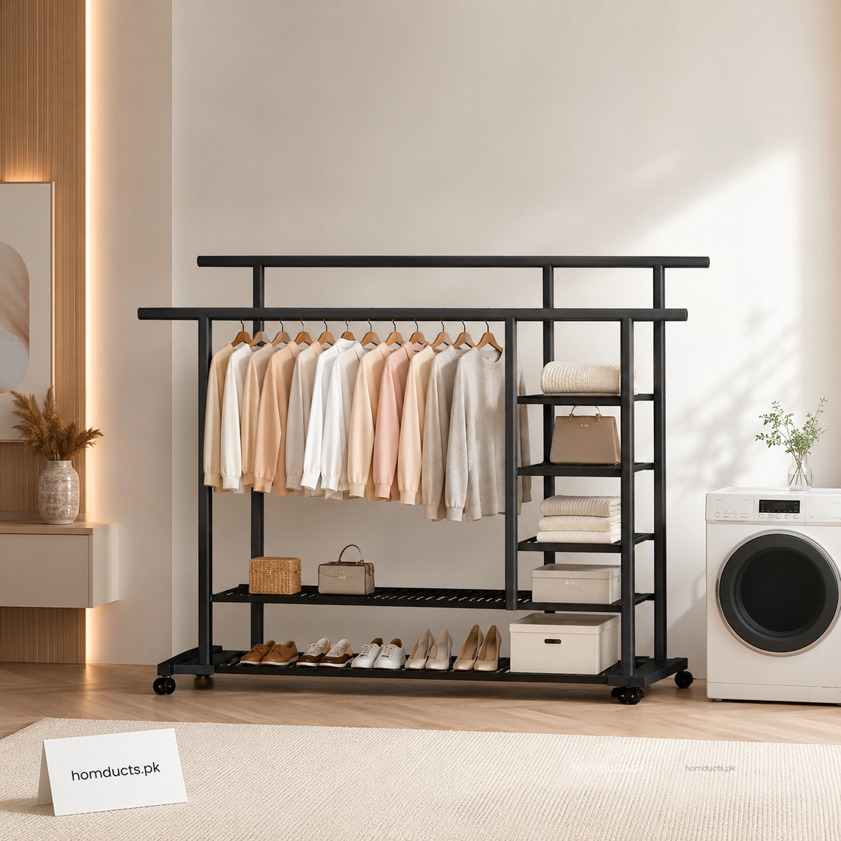 Heavy Duty 3-Tier Rolling Clothes Rack with Storage Shelves – 88KG Load Capacity