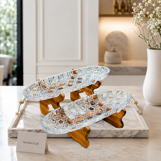 Luxury Walnut Wood 2-Tier Oval Serving Platter Set with Crystal Cut Glass Trays | Premium Serving Stand for Desserts, Fruits & Snacks