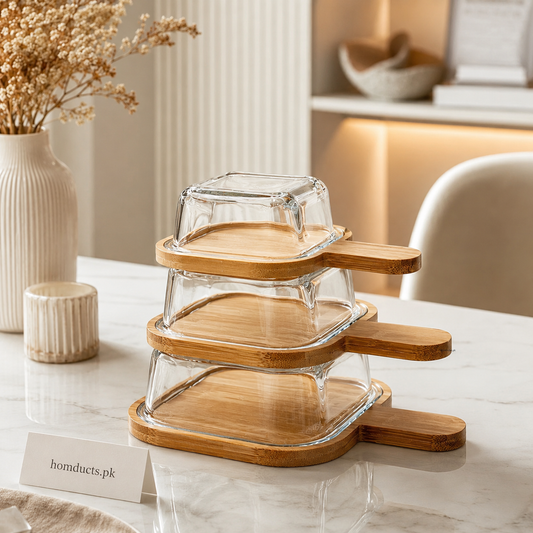 Luxury Rectangular Glass Butter Dish with Bamboo Tray & Lid | Premium Butter Keeper