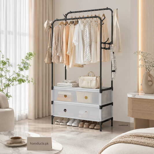 Luxury Double Pole Clothes Rack with Storage Drawers & Shoe Organizer | Heavy Duty Garment Stand