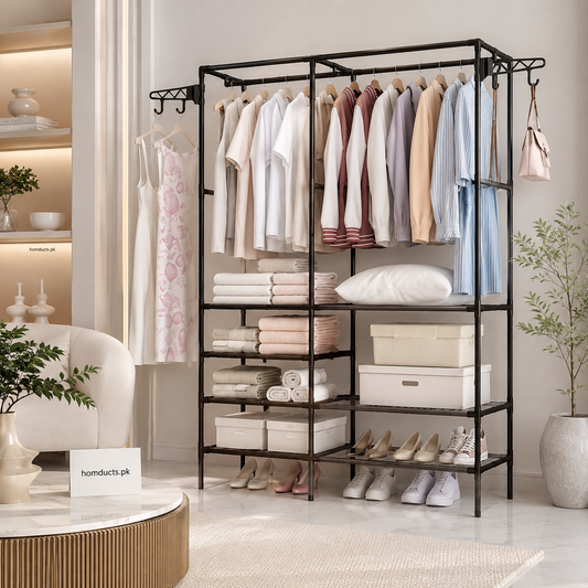 Heavy Duty Multifunctional Garment Rack with Storage Shelves & Side Hooks | Clothes Organizer Stand