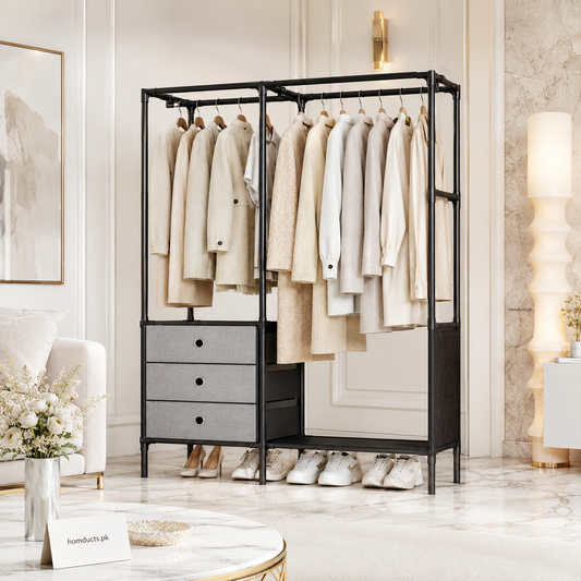 Double Rod Heavy-Duty Clothes Rack with Fabric Drawers & Shoe Storage | Multi-Functional Metal Garment Organizer