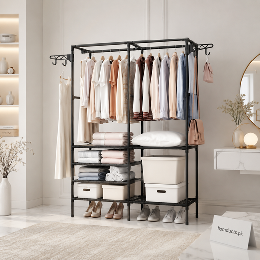 Multifunctional Heavy-Duty Garment Rack with Storage Shelves & Side Hooks | Clothes Organizer