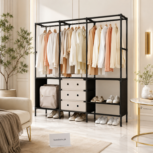 Triple Row Heavy-Duty Clothes Rack with Storage Shelves & Shoe Organizer – Multi-Functional Wardrobe Stand