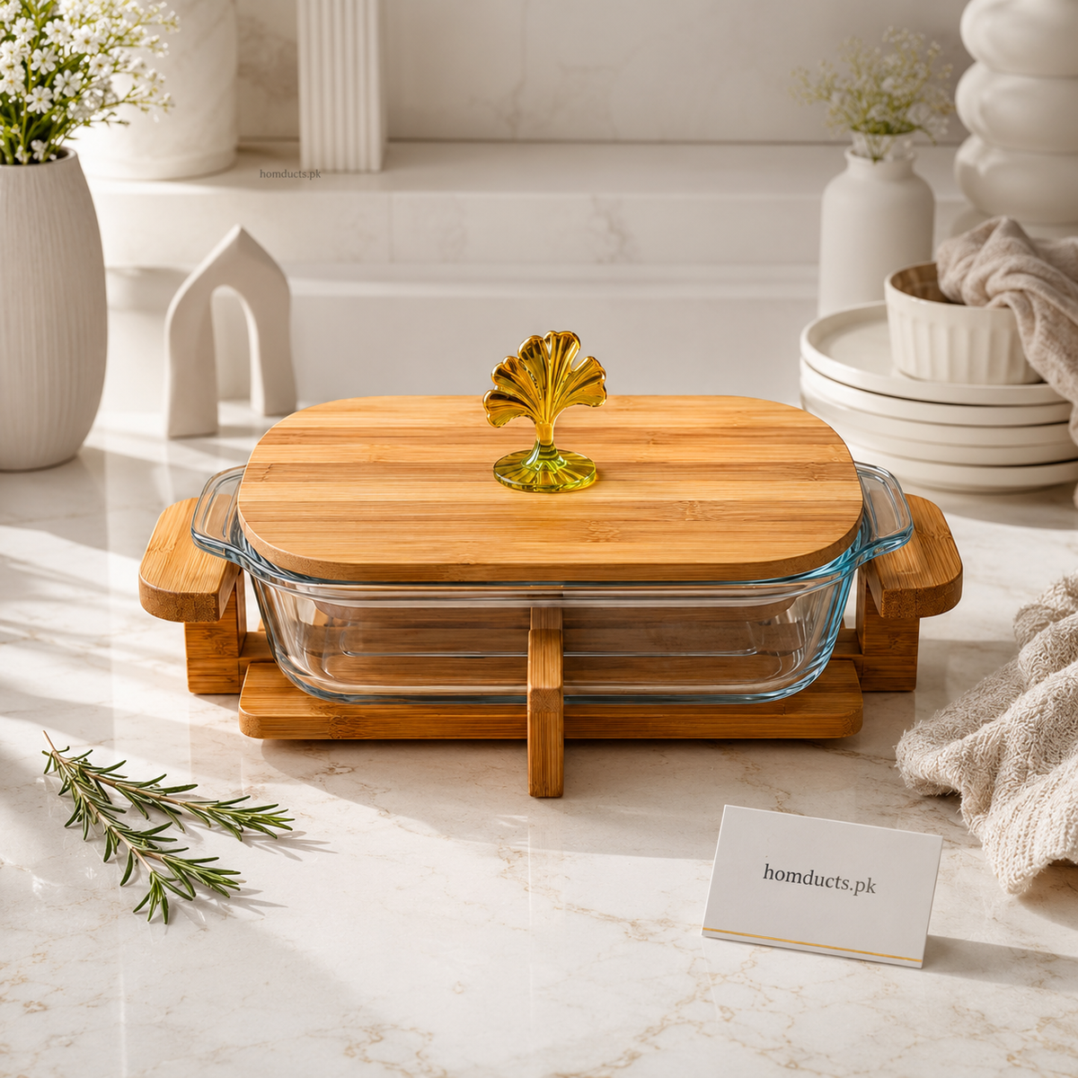 Luxury Glass Serving Dish with Bamboo Lid & Wooden Stand – Premium Covered Serving Tray with Gold Handle