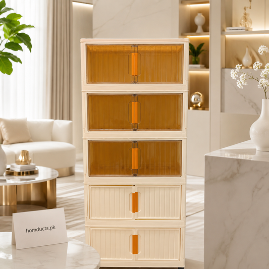 Luxury 5-Tier Foldable Storage Cabinet with Transparent Flip Doors & Large Capacity Organizer