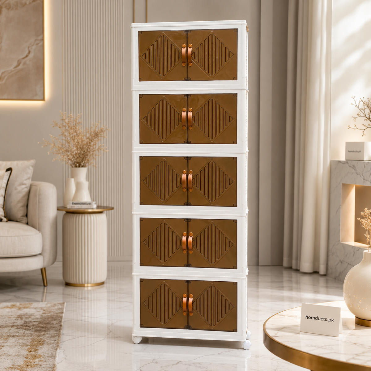 Luxury Foldable 5-Layer Modular Storage Cabinet with Double Doors & Wheels | Dustproof Multipurpose Organizer