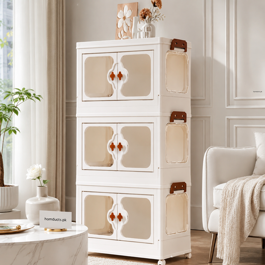 4 Layer Foldable Storage Cabinet with Wheels & Clear Magnetic Doors – Cream White