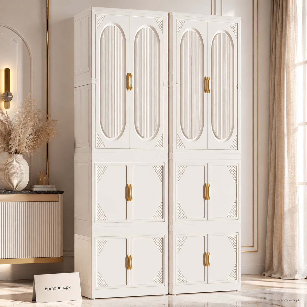 Beveled 65cm 2-Tier + Top Wardrobe Cabinet – Solid & Tea Transparent Doors