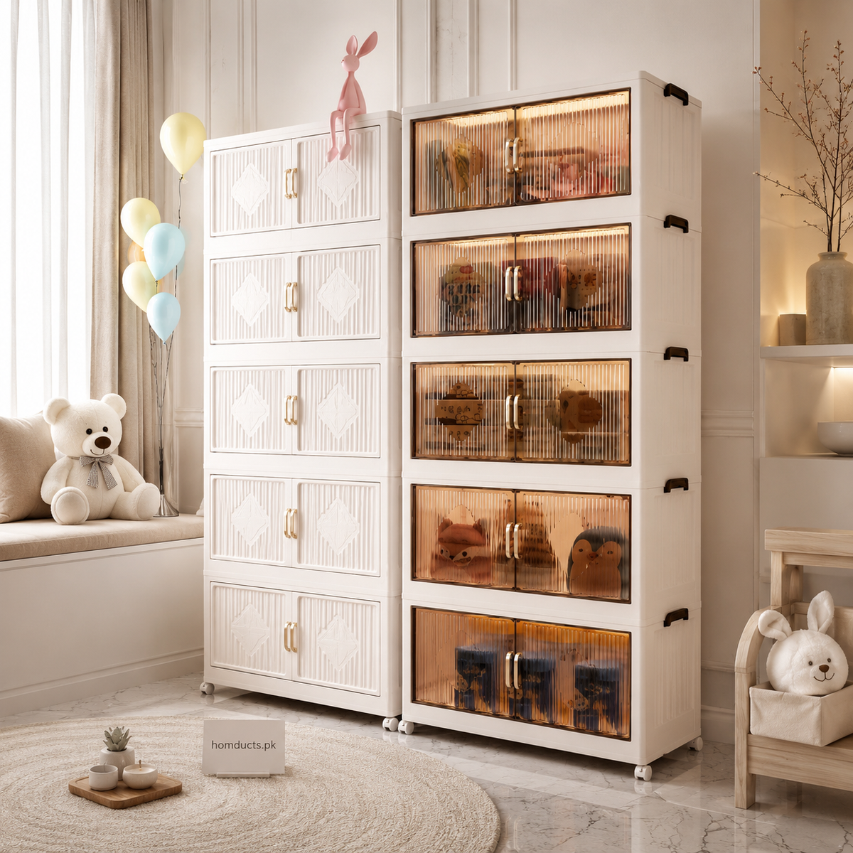 Clover Gold Handle 5-Layer Folding Storage Cabinet 70cm Wide – Large Dustproof Modular Wardrobe Organizer with Doors