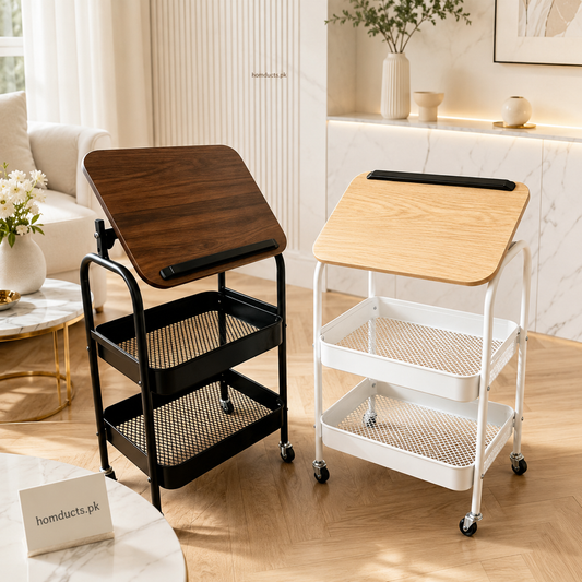 Luxury Rolling Sofa Side Table with Flip-Top Laptop Desk & 2-Tier Storage Cart on Wheels