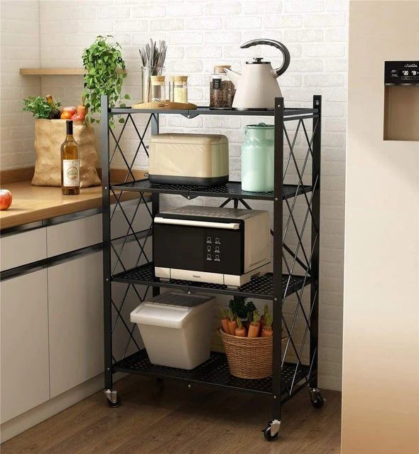 Foldable Heavy-Duty Kitchen Storage Rack with Wheels – 3, 4 & 5 Layer Multipurpose Organizer Shelf