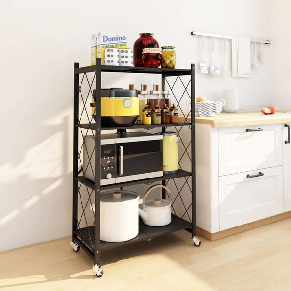 Foldable Heavy-Duty Kitchen Storage Rack with Wheels – 3, 4 & 5 Layer Multipurpose Organizer Shelf