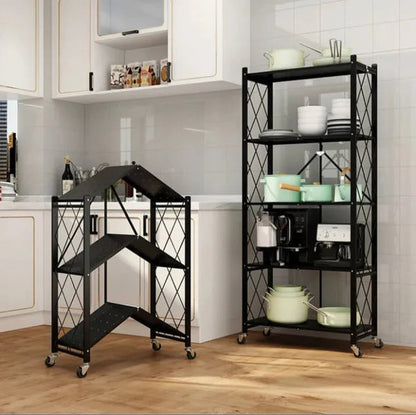 Foldable Heavy-Duty Kitchen Storage Rack with Wheels – 3, 4 & 5 Layer Multipurpose Organizer Shelf