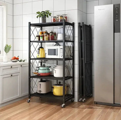 Foldable Heavy-Duty Kitchen Storage Rack with Wheels – 3, 4 & 5 Layer Multipurpose Organizer Shelf