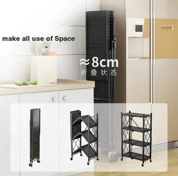 Foldable Heavy-Duty Kitchen Storage Rack with Wheels – 3, 4 & 5 Layer Multipurpose Organizer Shelf