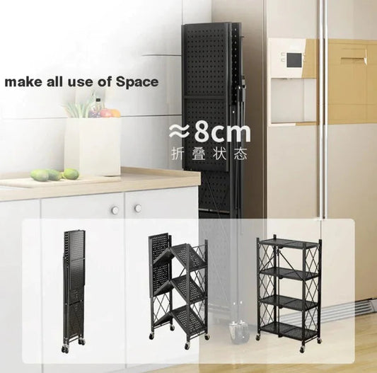 Foldable Heavy-Duty Kitchen Storage Rack with Wheels – 3, 4 & 5 Layer Multipurpose Organizer Shelf