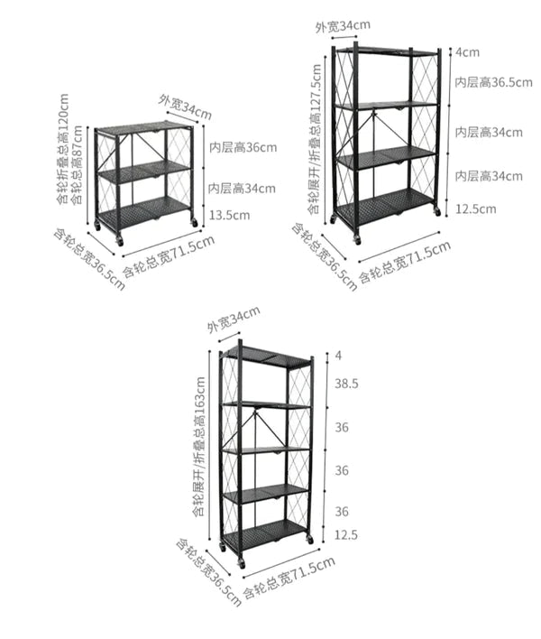 Foldable Heavy-Duty Kitchen Storage Rack with Wheels – 3, 4 & 5 Layer Multipurpose Organizer Shelf