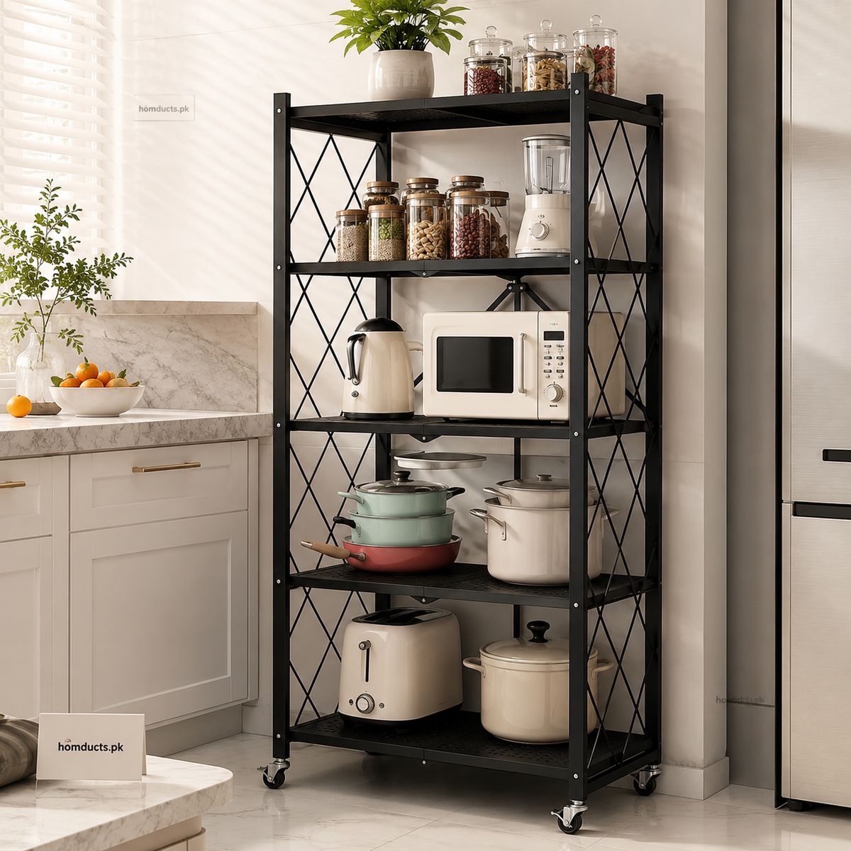 Foldable Heavy-Duty Kitchen Storage Rack with Wheels – 3, 4 & 5 Layer Multipurpose Organizer Shelf