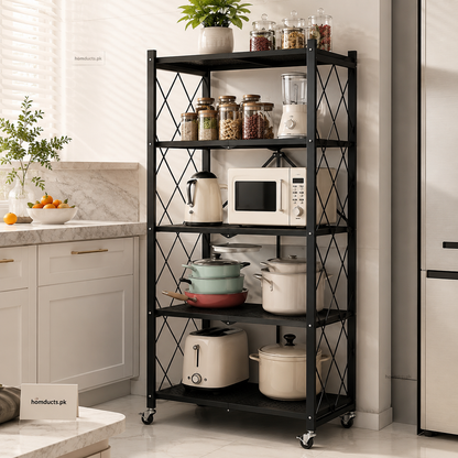 Foldable Heavy-Duty Kitchen Storage Rack with Wheels – 3, 4 & 5 Layer Multipurpose Organizer Shelf