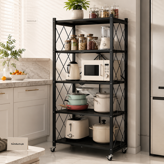 Foldable Heavy-Duty Kitchen Storage Rack with Wheels – 3, 4 & 5 Layer Multipurpose Organizer Shelf
