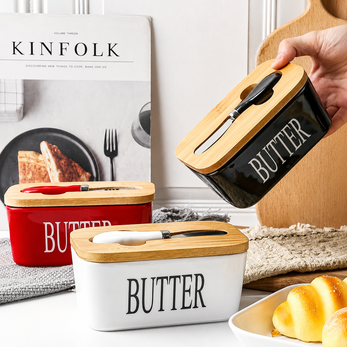 Ceramic Butter Dish with Wooden Lid & Knife Holder