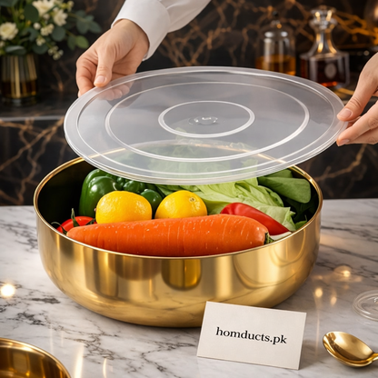Premium Gold Stainless Steel Food Storage Bowl with Transparent Airtight Lid – Multipurpose Kitchen Serving Container