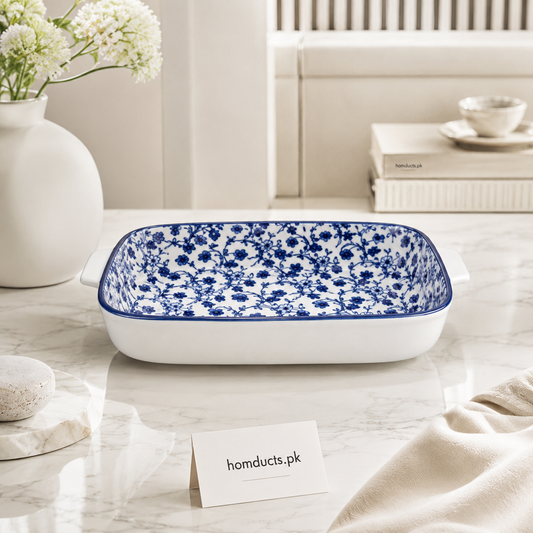 Danny Home 7 Inch Blue Floral Ceramic Baking Dish with Handles | Premium Oven & Serving Dish